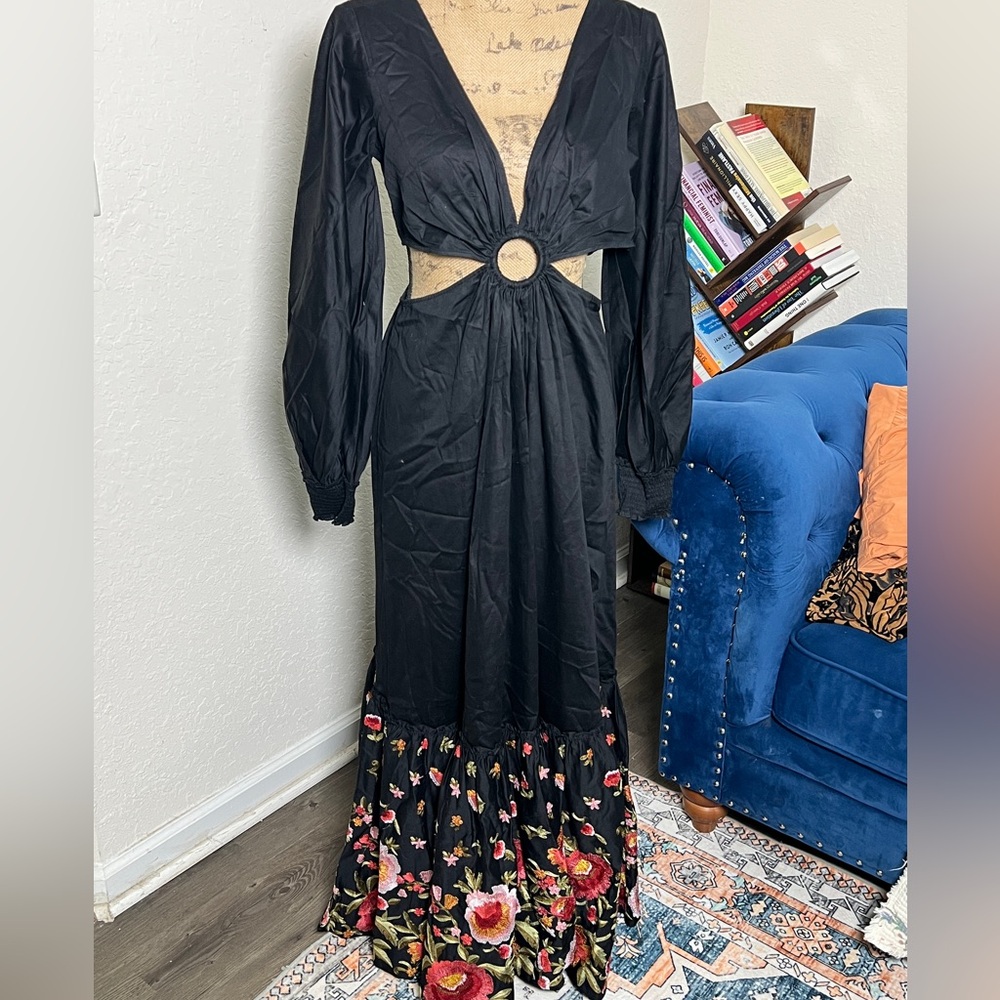 Black Floral Hem Long Sleeve Cutout Maxi Dress